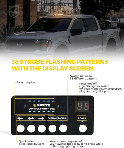 Xprite White Amber Rooftop Emergency Strobe Light Bar, Beacon Safety Flashing Warnin Lights w/Control Panel Magnetic Base for Construction Trucks Plows Postal Security Cars