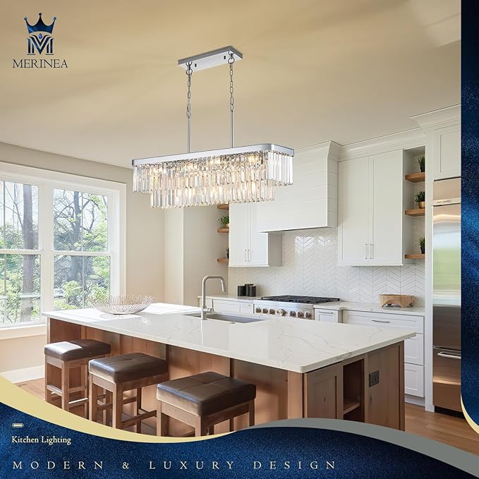 Modern Chrome Rectangle Chandelier L33.5” Luxury K9 Crystal Ceiling Pendant Light Fixture 11 Lights Rectangular Long Chandelier for Kitchen Island Dining Room Living Room Bar