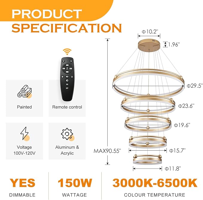 Benkut 5-Rings Modern LED Chandelier Gold Dimmable Large High Ceiling Chandeliers Foyer, Remote Pendant Lighting for Foyer Entryway Dining Room Living Room Staircase(10-Ring Lighting, D30in)