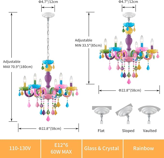 6-Light Children Crystal Chandeliers, Modern Design Rainbow Colorful Pendant Light Fixture for Bedroom, Dining Room, D23×H33~71 inch(Adjustable Height), Macaron Color Finish & K9 Crystal