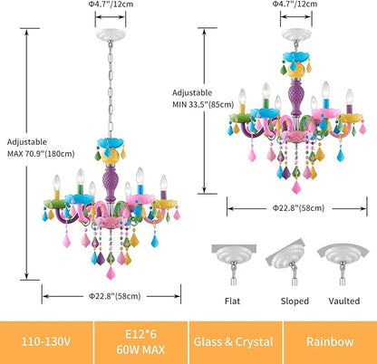 6-Light Children Crystal Chandeliers, Modern Design Rainbow Colorful Pendant Light Fixture for Bedroom, Dining Room, D23×H33~71 inch(Adjustable Height), Macaron Color Finish & K9 Crystal