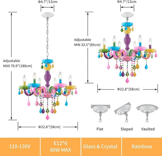 6-Light Children Crystal Chandeliers, Modern Design Rainbow Colorful Pendant Light Fixture for Bedroom, Dining Room, D23×H33~71 inch(Adjustable Height), Macaron Color Finish & K9 Crystal