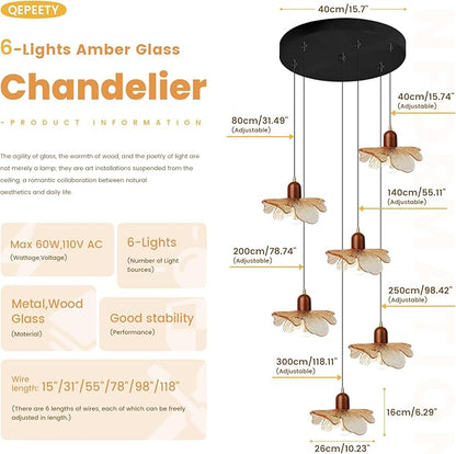 Modern Large Foyer Chandelier High Ceiling Light Fixture, 6-Lights Pendant Light Amber Glass Shade Solid Wood Decor Adjustable Black Hanging Ceiling Lamp for Living Room Bedroom Entryway