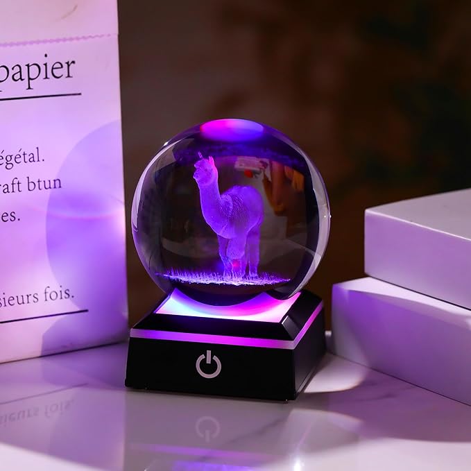 Llama Gifts for Women 3D Crystal Ball with 7-Color Changing Base - Llama Stuff Statue Home Decor - Glass Llama Figurine for Shelf Desk Office or Bedroom