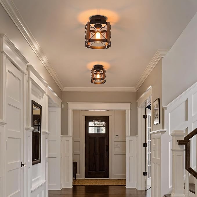 2 Pack Rustic Farmhouse Wood Flush Mount Ceiling Light Fixture Oak Wood and Metal Round Cage Small Semi Flush Mount Ceiling Light for Kitchen Entry Bedroom Country Hallway Farmhouse, Black
