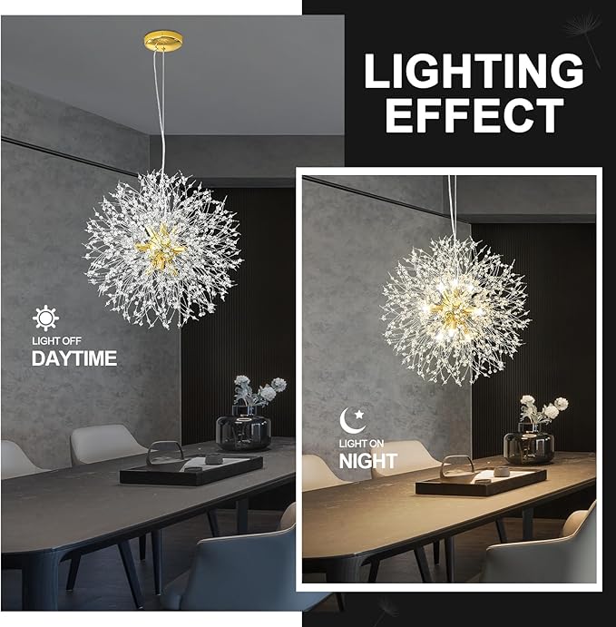 Modern Firework Gold Crystal Chandeliers,Sputnik Dandelion Chandelier Light Fixture Pendant Lighting for Dining Room,Living Room,Bedroom,Kitchen,Restaurant- 9 Lights