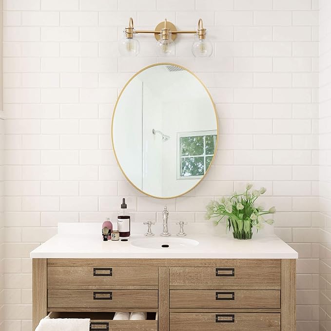 KSANA Gold Bathroom Light Fixtures, 3 Light Modern Vanity Lights Over Mirror with Globe Clear Glass Shades for Bedroom, Kitchen, Powder Room