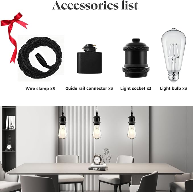 Universal H-Type Track Pendant Lighting Kit with 3 Bulbs, 3-Pack Black Hanging Track Lighting Fixtures, 4000K Natural Light, E26 Base for Kitchen Island, Dining Room & Living Area