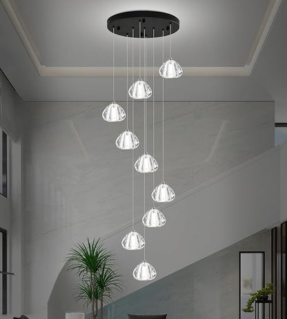 Modern Crystal Chandelier 9-Lights High Ceiling Raindrop Chandelier Lighting Fixture, LED Round Indoor Lighting Fixture Black for Foyer Staircase Living Room