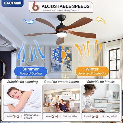 CACI Mall 52 Inch Ceiling Fans with Lights and Remote, modern, Outdoor ceiling fan with 6-Speed, 5 Blades, 2 Downrods, 3 CCT, Timer, Quiet Reversible DC Motor for Living Room, Bedroom, Patios