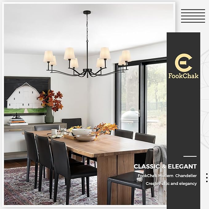 8 Light Black Chandelier with White Linen Shade 44'' Fabric Dining Room Chandeliers Over Table Transitional Living Room Chandeliers for Master Bedroom Entry Hanging Light Fixture Home Office Kitchen