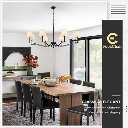8 Light Black Chandelier with White Linen Shade 44'' Fabric Dining Room Chandeliers Over Table Transitional Living Room Chandeliers for Master Bedroom Entry Hanging Light Fixture Home Office Kitchen