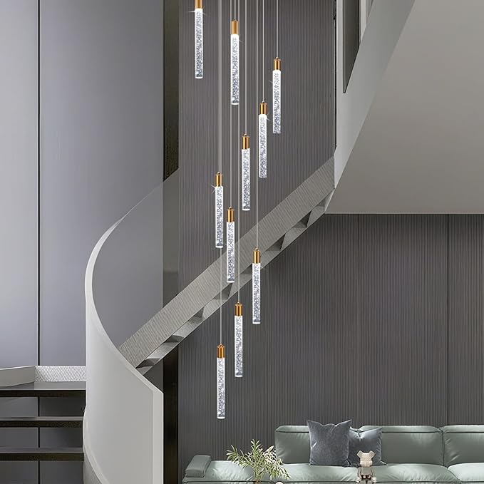 GEADI Modern LED High Ceiling Chandelier with Remote Control,10 Lights Crystal Foyer Chandeliers for High Ceilings,Gold Dimmable Long Pendant Light for Staircase Entryway Living Room