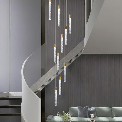 GEADI Modern LED High Ceiling Chandelier with Remote Control,10 Lights Crystal Foyer Chandeliers for High Ceilings,Gold Dimmable Long Pendant Light for Staircase Entryway Living Room