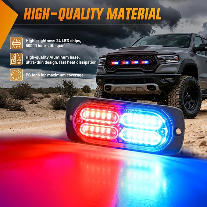 Nilight 4PCS 24LED Emergency Strobe lights 12V 24V Red Blue Surface Mount Grille Hazard Safety Warning Light Sync Feature Side Flashing Marker Flash for Car Truck Campers