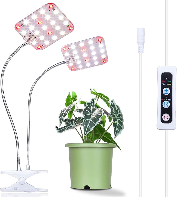 Plant Light, Dimmable Desk Clip on Plant Light for Indoor Plants with 6/12/16h Timer, Gooseneck Grow Lamps, Full Spectrum for Seeding, Succulent, Potted Plants, 2-Head