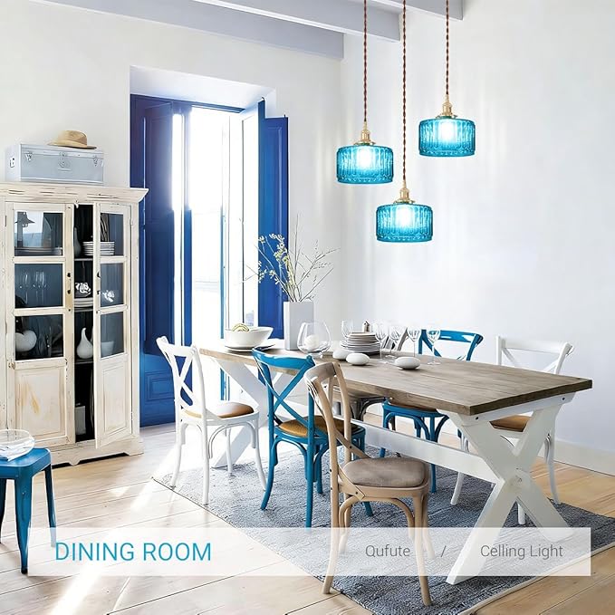 Mid Century 3-Light Blue Glass Chandelier Globe Cluster Chandeliers with Striped Round Shade Modern Large Glass Ceiling Pendant Light Fixtures for Kitchen Island Staircase Dining Room