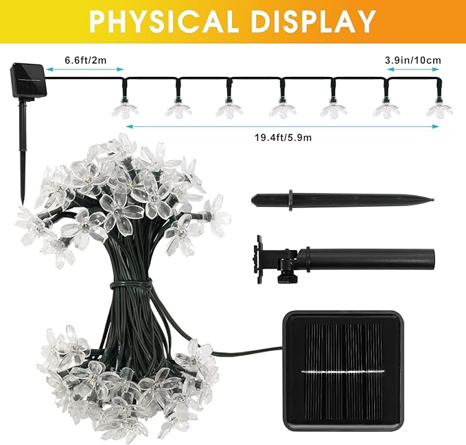 60 LED Solar String Lights Outdoor Waterproof Flower Fairy Lights for Garden Fence Patio Yard Christmas Tree Lawn Wedding Party Decor, Red and Pure White