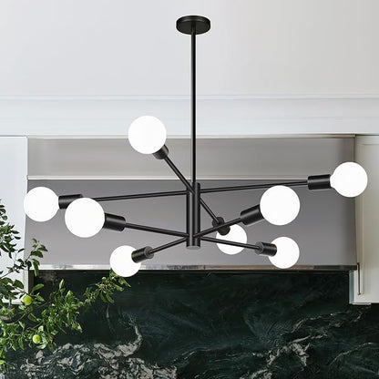 MQMQA Sputnik Chandeliers Dining Room Light Fixture (8-Light, 30-Inch), Modern Black Chandelier, Height Adjustable Mid Century Modern Chandeliers for Dining Room Kitchen Island (Bulbs Not Included)