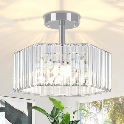 TOULMJ Crystal Semi Flush Mount Ceiling Light, 3-Light Modern Close to Ceiling Light Fixtures, Chrome Hallway Light Fixtures Flush Mount Chandelier for Entryway Kitchen Bedroom Bathroom Laundry Room