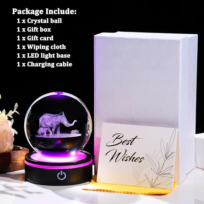 YWHL 3D Elephant Crystal Ball Figurine with Colorful Light Base, Elephant Gifts for Mom Women Men Elephants Lovers, Decorative Elephants Ball Glass Animal Globe Night Light for Home Decor (80mm)