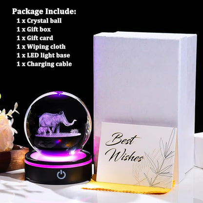 YWHL 3D Elephant Crystal Ball Figurine with Colorful Light Base, Elephant Gifts for Mom Women Men Elephants Lovers, Decorative Elephants Ball Glass Animal Globe Night Light for Home Decor (80mm)