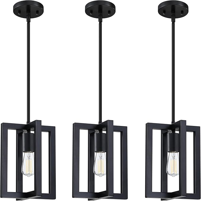 1 Light Hanging Rustic Farmhouse 7.3" Metal Lantern Cage Pendant Ceiling Light Fixture,Cafe Bar Over Sink Dining Room Bedroom Kitchen Island 3 Pack Black