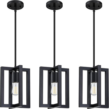 1 Light Hanging Rustic Farmhouse 7.3" Metal Lantern Cage Pendant Ceiling Light Fixture,Cafe Bar Over Sink Dining Room Bedroom Kitchen Island 3 Pack Black