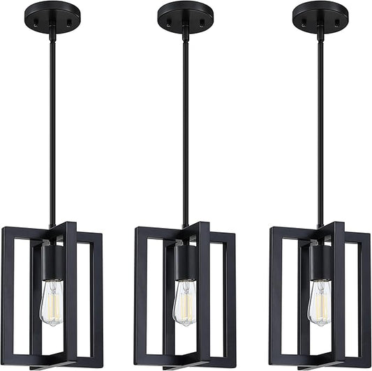 1 Light Hanging Rustic Farmhouse 7.3" Metal Lantern Cage Pendant Ceiling Light Fixture,Cafe Bar Over Sink Dining Room Bedroom Kitchen Island 3 Pack Black
