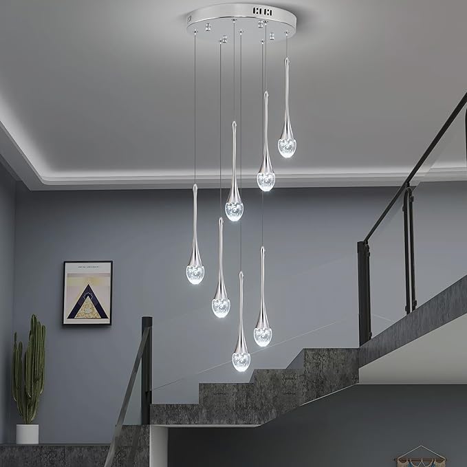 Modern Crystal Chandelier 7-Lights Chrome, H60'' High Ceiling Spiral Dimmable LED Bubble Crystal Raindrop Light Fixture for Foyer Entryway Dining Room Remote Control