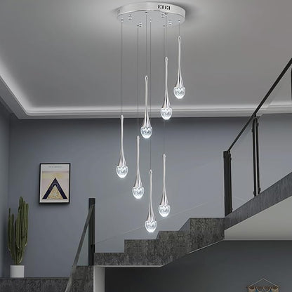Modern Crystal Chandelier 7-Lights Chrome, H60'' High Ceiling Spiral Dimmable LED Bubble Crystal Raindrop Light Fixture for Foyer Entryway Dining Room Remote Control