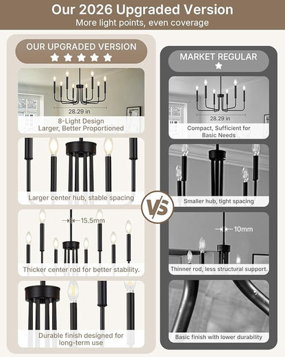 Yunnix 8 Light Black Chandelier for Dining Room Light Fixture, Modern Farmhouse Chandelier Candle for Bedroom, Entryway, Foyer, Staircase, Kitchen and Living Room