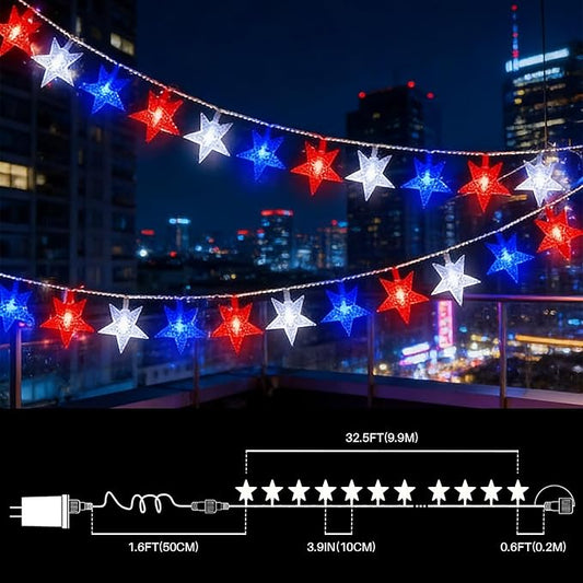LAMPHOME Red White Blue Star String Lights, 33ft 100 LED Clear Wire Fairy Lights with 16 Modes, Plug-in Decor for 4th of July Patriotic Christmas Tree Bedroom Garden Wedding Birthday Party
