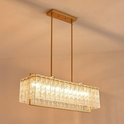 Shrine Lighting Gold Chandeliers, Modern Design, Rectangular Glass Chandelier for Living Space, L30'' × W10'' × H12'', Adjustable 78'', 6 x E12 Sockets, Glass LampShade & Brass Finish Frame