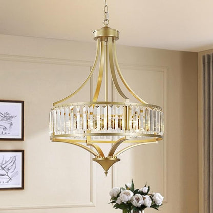 CNRATYE 20" Modern Crystal Chandelier, 5-Light Gold Dinning Room Light Fixtures Over Table, Hanging Round Pendant Chandelier for Kitchen Island Entryway Bedroom Office Bathroom Stairwell