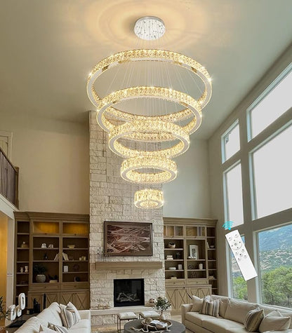 Modern High Ceiling Crystal Chandelier 90W Dimmable LED Chandeliers with Remote Luxury Height Adjustable Large Lighting Fixtures for Living Room Staircase Foyer Silver