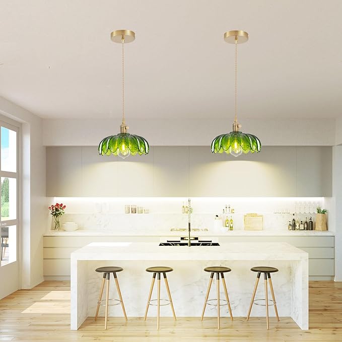 Glass Pendant Light Vintage Light Fixtures, Glass Pendant Lights Kitchen Island, Adjustable Hanging Light for Kitchen Island Dining Room Hallway (Hardwired gree)