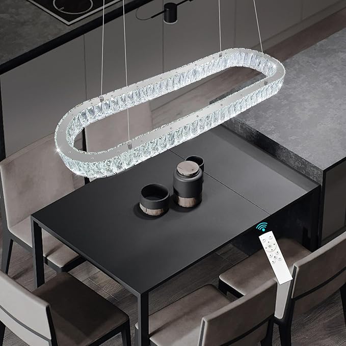HAIXIANG LED Long Chandeliers for Dining Table Modern Chandelier Dimmable Pendant Lights Crystal Rectangular Glam Lighting Fixtures for Dining Room Kitchen Island Silver