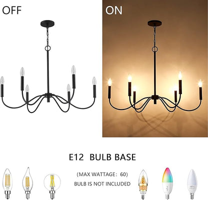 Farmhouse Black Chandelier Rustic Candle 6-Light Pendant Light 30 Inches Adjustable Height Ceiling Light Fixture for Living Room Kitchen Island Dining Room Bedroom Foyer