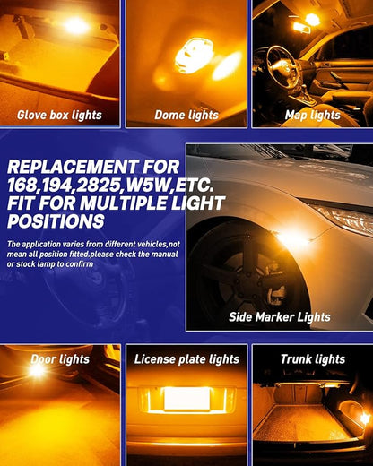 AUTOONE 194 LED Bulb Amber Yellow, Side Marker Lights 300% Brighter T10 168 2825 W5W LED Bulbs for License Plate Light Dome Map Door Courtesy Interior Car Lights, Pack of 2