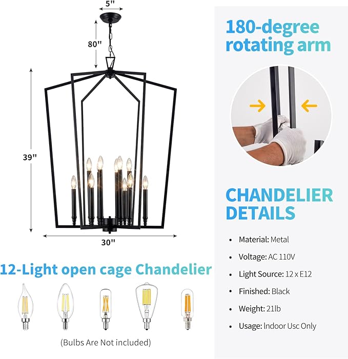 Vezzio 12-Light Large Black Chandelier, D30 Inch Modern Industrial Farmhouse Lantern Pendant Light for High Ceiling Entryway, Foyer, Dining Room，Kitchen Island，Hallway，Staircase