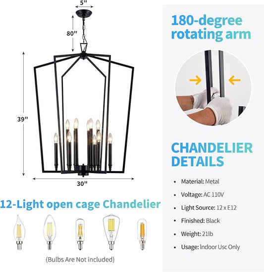 Vezzio 12-Light Large Black Chandelier, D30 Inch Modern Industrial Farmhouse Lantern Pendant Light for High Ceiling Entryway, Foyer, Dining Room，Kitchen Island，Hallway，Staircase