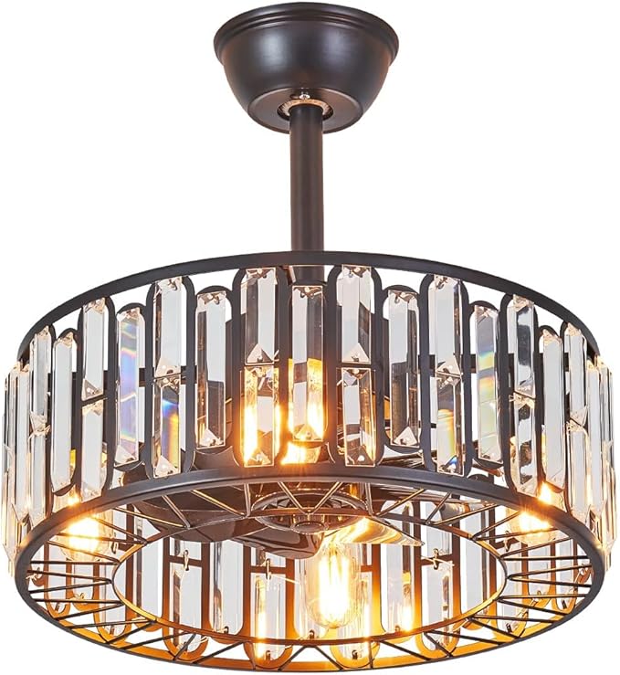 18.2" Modern Crystal Ceiling Fan with Light Black Crystal Fandelier Light Caged Ceiling Fan Light with Remote Reversible Industrial Chandelier Fan for Bedroom Living Room Dining Room Entry foryer