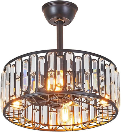 18.2" Modern Crystal Ceiling Fan with Light Black Crystal Fandelier Light Caged Ceiling Fan Light with Remote Reversible Industrial Chandelier Fan for Bedroom Living Room Dining Room Entry foryer