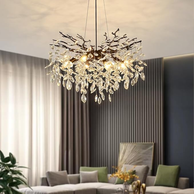 EGM Black 24 Inch Tree Branch Crystal Chandelier, Modern Raindrop Crystal Ceiling Light Fixtures 8-Light(E12), Hanging Round Chandeliers for Dining Room Living Room Bedroom Foyer