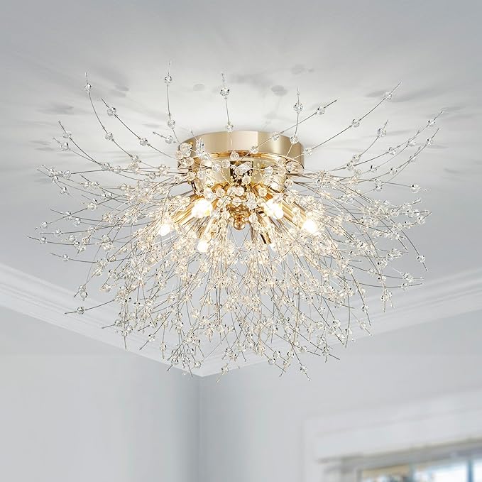 AGV LIGHTING CL023G Crystal Ceiling Light, Close to Ceiling Flushmount Light Fixture, Firework Design Dandelion Shape, 6-Lights, D18 x H10, Gold Finish