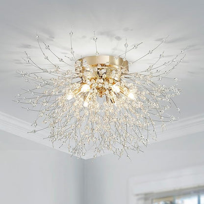 AGV LIGHTING CL023G Crystal Ceiling Light, Close to Ceiling Flushmount Light Fixture, Firework Design Dandelion Shape, 6-Lights, D18 x H10, Gold Finish