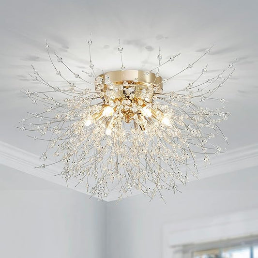 AGV LIGHTING CL023G Crystal Ceiling Light, Close to Ceiling Flushmount Light Fixture, Firework Design Dandelion Shape, 6-Lights, D18 x H10, Gold Finish