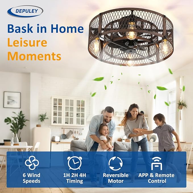 Depuley Flush Mount Ceiling Fan: 20" Caged Ceiling Fans with Lights and Remote App Control for Kitchen Bedroom Farmhouse - Rustic Low Profile Ceiling Fandelier Lights Reversible 6 Speed Timer Walnut