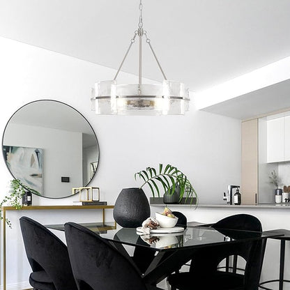 Modern Glass Dining Room Chandelier, 22 inch Brushed Nickel Drum Kitchen Island Light Fixture Luxury Textured Glass Water Ripple Crystal Chandeliers for Living Room Foyer Bedroom